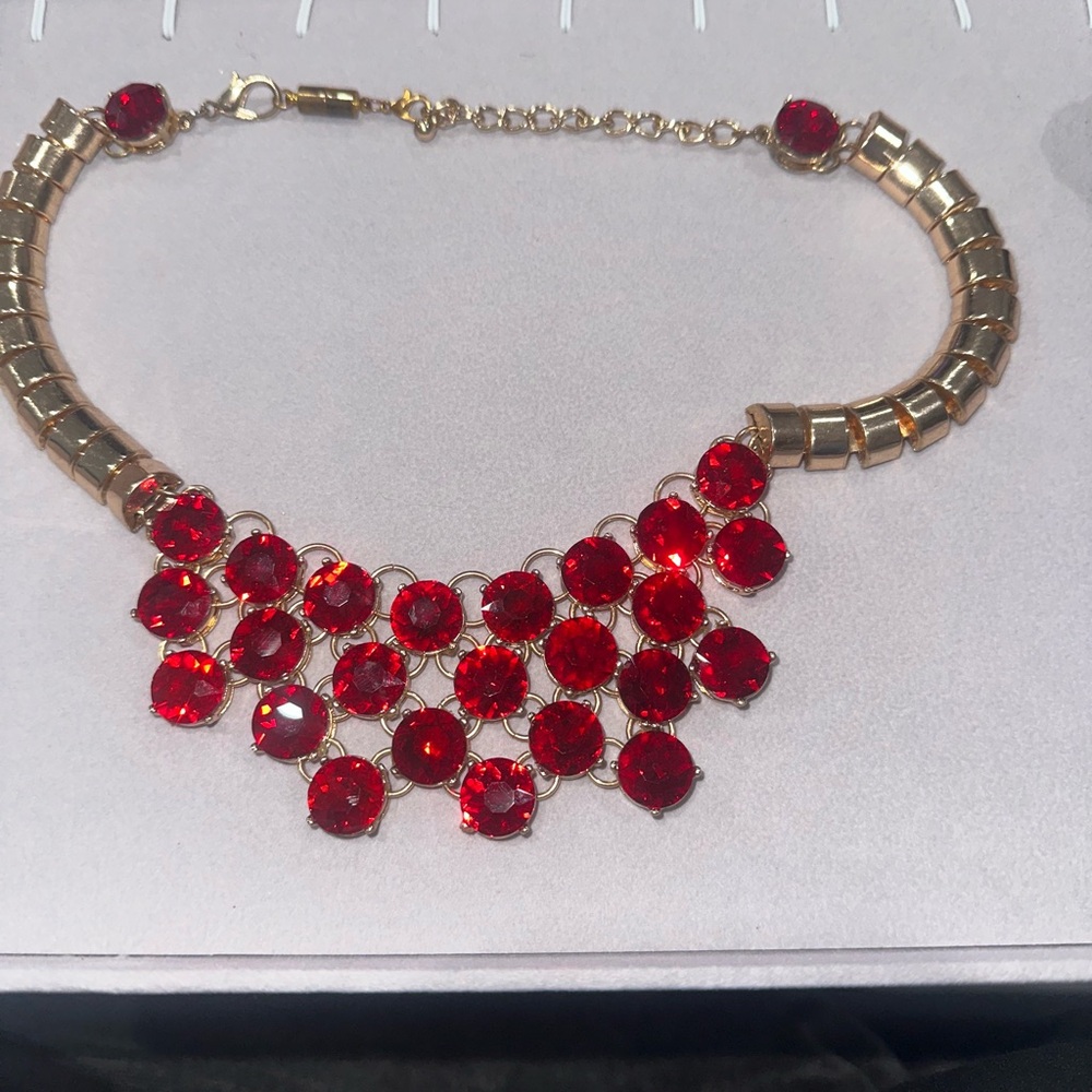 Gold-Tone Necklace with Red Crystal Statement Bib